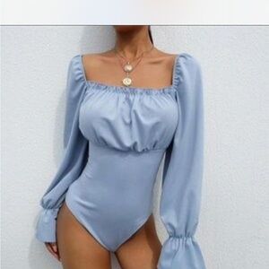 Light Blue Square Neck Long Sleeve Bodysuit